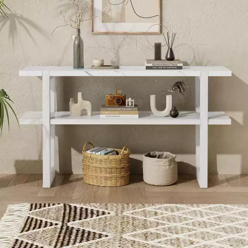 Okak 54IN Retro Narrow Console Table, Entryway Table with Open Shelf and Marble-Effect Tabletop, Hallway Table for Living Room, Foyer