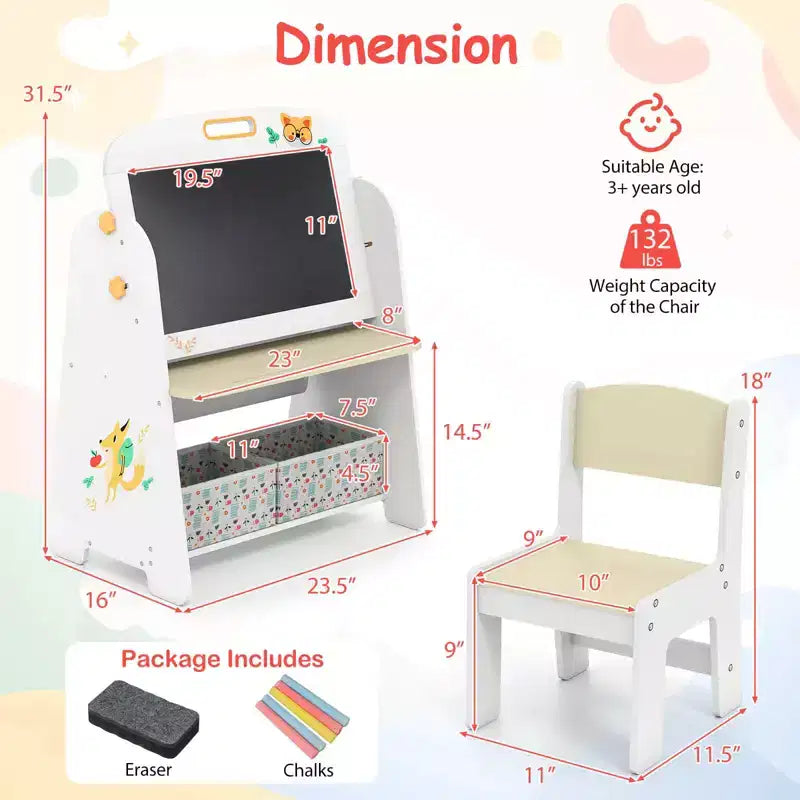 Costway 4-in-1 Kids Table & Chair Set with Magnetic Whiteboard & Blackboard Storage Shelf Natural/Gray