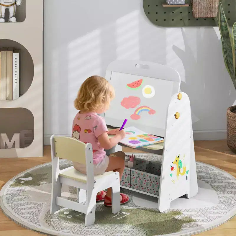 Costway 4-in-1 Kids Table & Chair Set with Magnetic Whiteboard & Blackboard Storage Shelf Natural/Gray