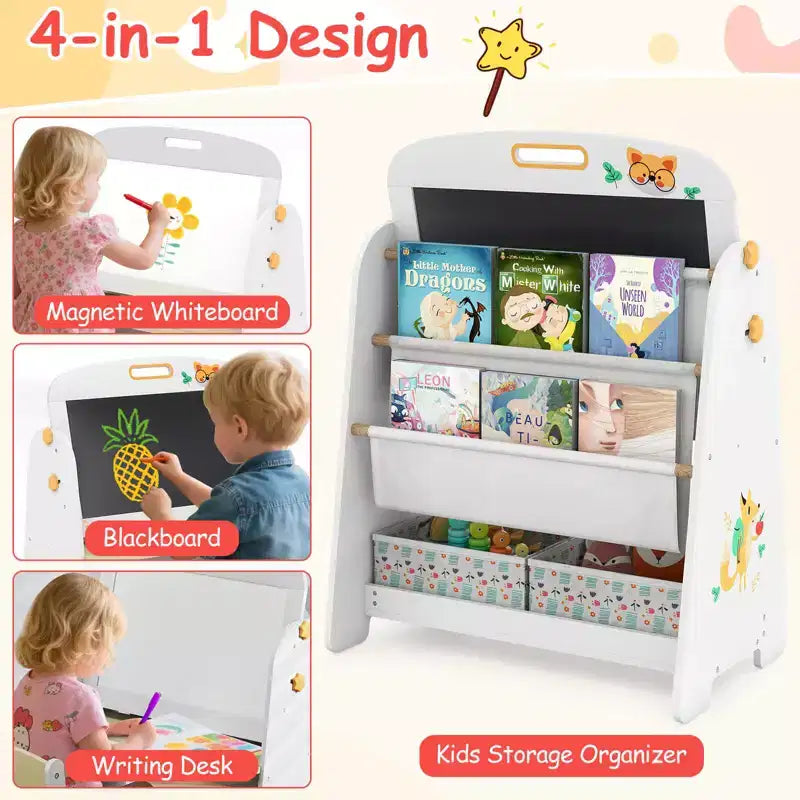 Costway 4-in-1 Kids Table & Chair Set with Magnetic Whiteboard & Blackboard Storage Shelf Natural/Gray