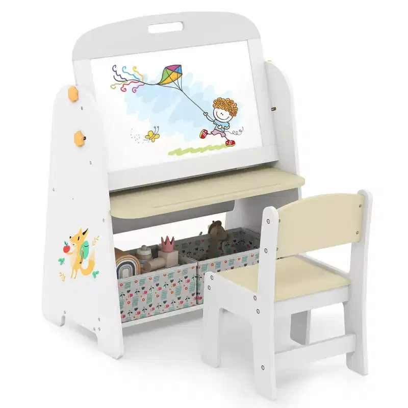 Costway 4-in-1 Kids Table & Chair Set with Magnetic Whiteboard & Blackboard Storage Shelf Natural/Gray