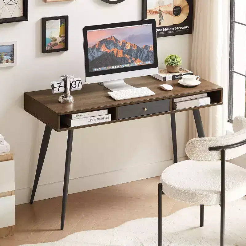 Okak 47.24IN Modern Office Desk with Minimalism Design, Computer Desk with 1 Drawers and 2 Shelves, Small Desk for Home, Office