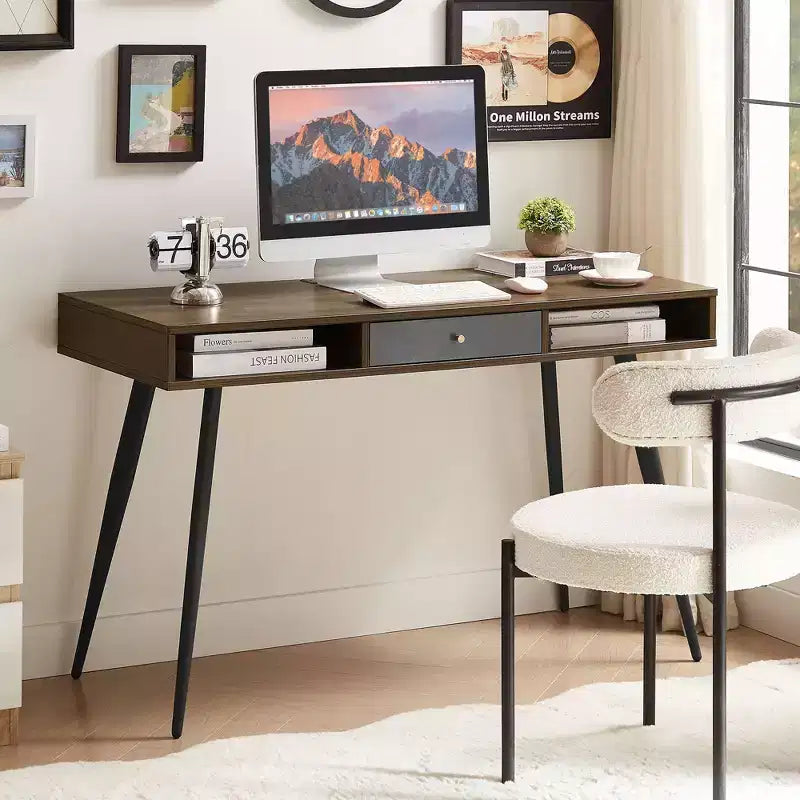 Okak 47.24IN Modern Office Desk with Minimalism Design, Computer Desk with 1 Drawers and 2 Shelves, Small Desk for Home, Office