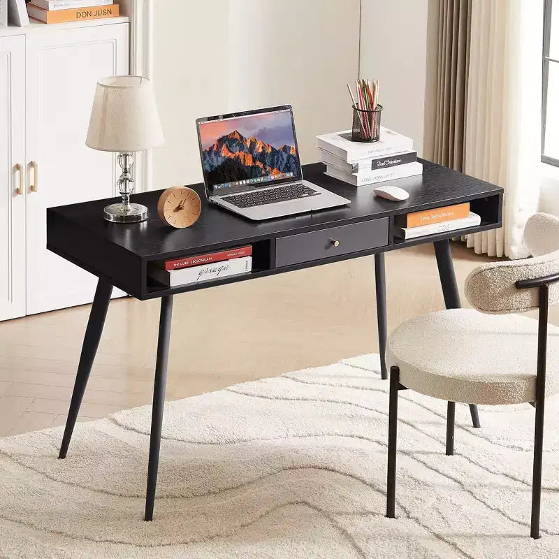 Okak 47.24IN Modern Office Desk with Minimalism Design, Computer Desk with 1 Drawers and 2 Shelves, Small Desk for Home, Office