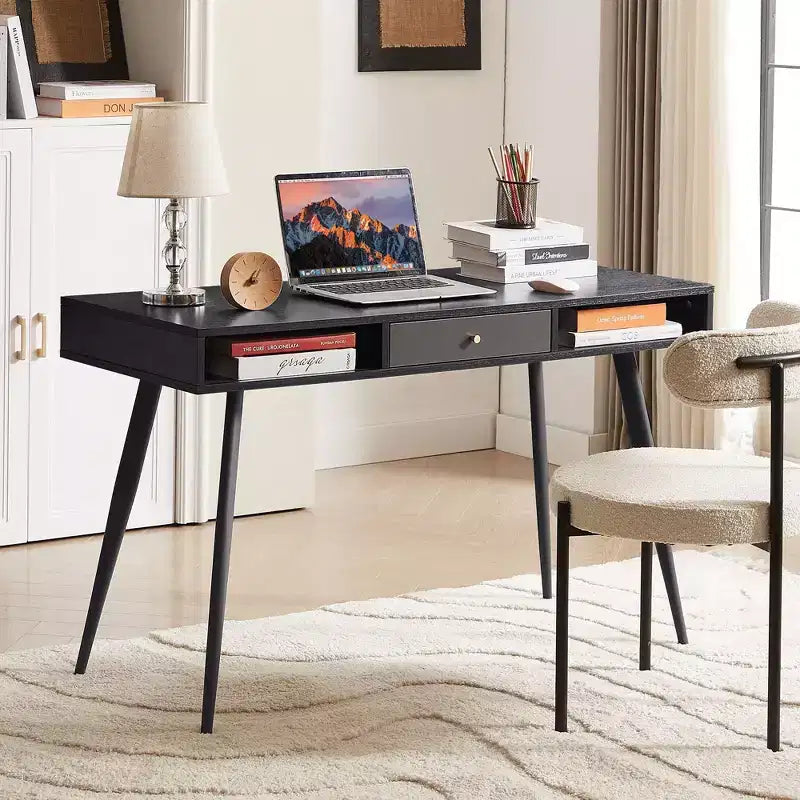 Okak 47.24IN Modern Office Desk with Minimalism Design, Computer Desk with 1 Drawers and 2 Shelves, Small Desk for Home, Office