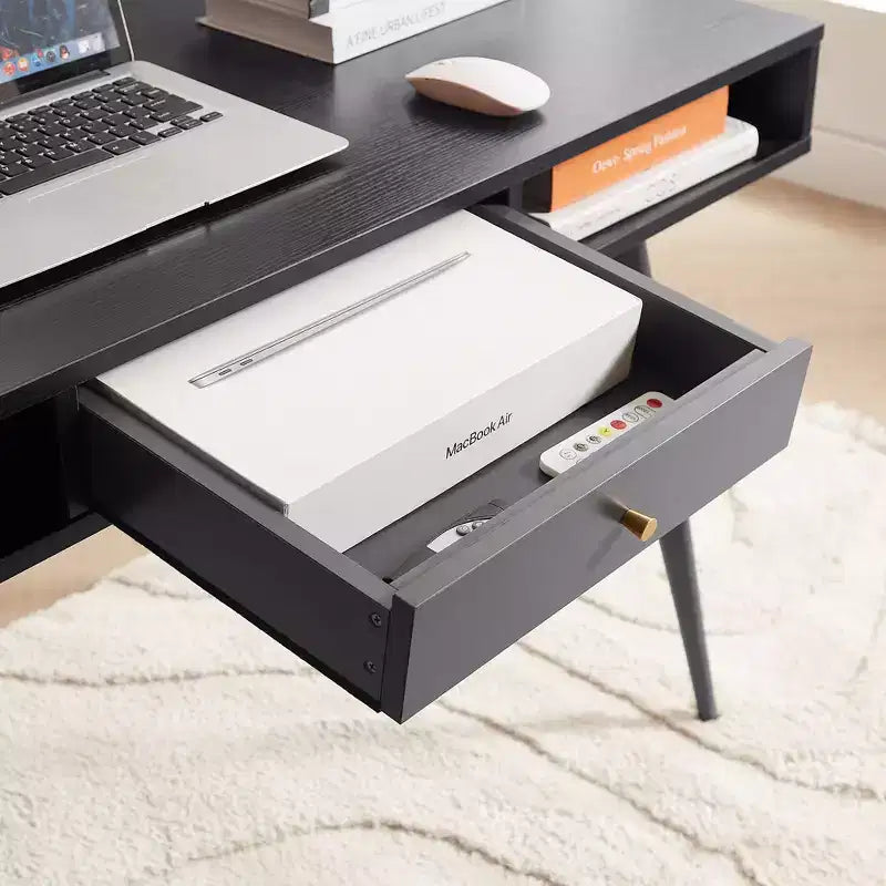 Okak 47.24IN Modern Office Desk with Minimalism Design, Computer Desk with 1 Drawers and 2 Shelves, Small Desk for Home, Office