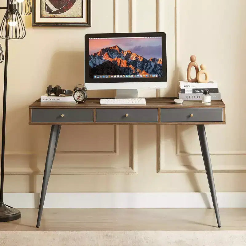 Okak 47.24IN Modern Office Desk with Minimalism Design, Computer Desk with 1 Drawers and 2 Shelves, Small Desk for Home, Office