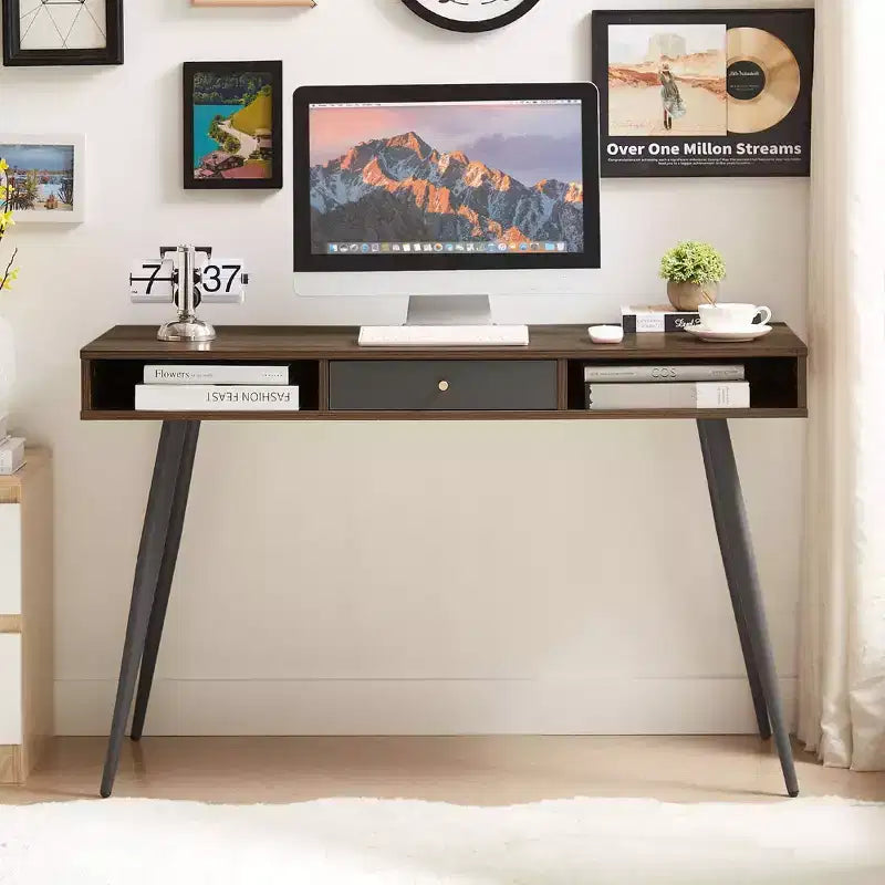Okak 47.24IN Modern Office Desk with Minimalism Design, Computer Desk with 1 Drawers and 2 Shelves, Small Desk for Home, Office