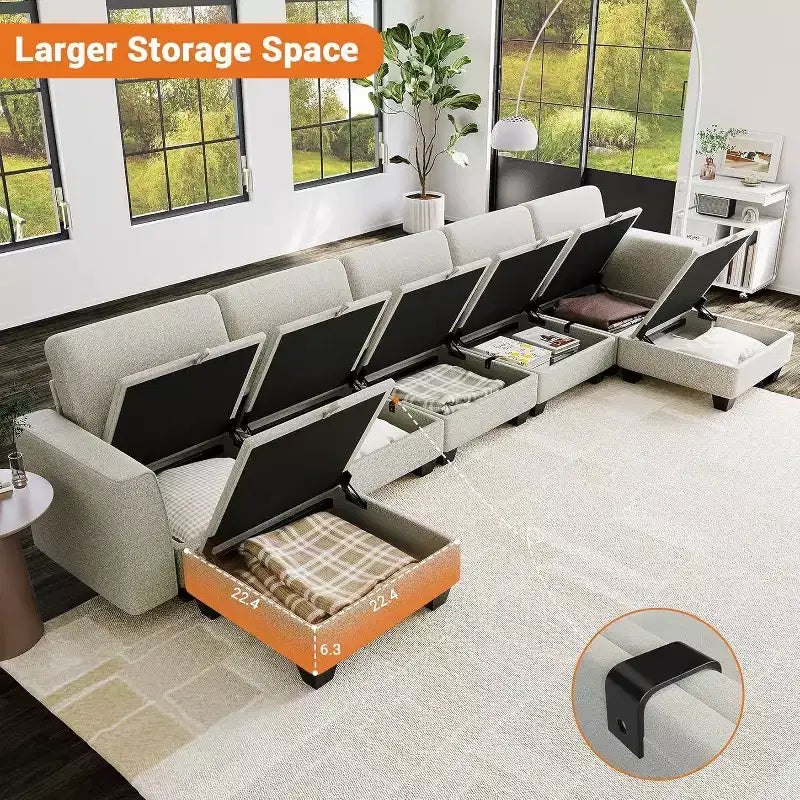 140 Large U Shaped Sectional Couch with Ottoman Chaise, Convertible Modular Sectional Sofa with Ottomans with 7 Seat for Living Room, Office, Beige