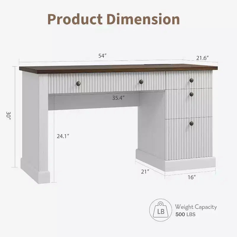 Home Desk Storage with Recesses, 54 Inch Modern Executive Desk, Wooden Writing Desk with File Drawer for Study Room