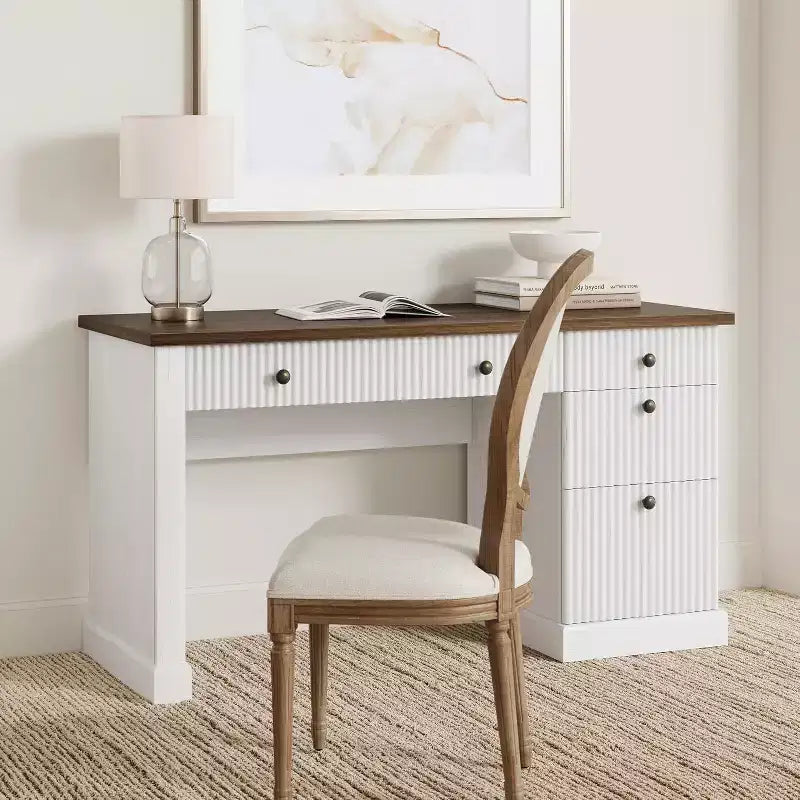 Home Desk Storage with Recesses, 54 Inch Modern Executive Desk, Wooden Writing Desk with File Drawer for Study Room