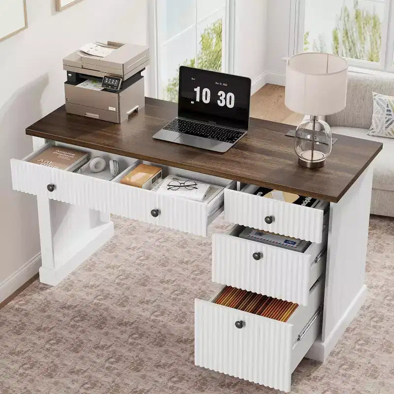 Home Desk Storage with Recesses, 54 Inch Modern Executive Desk, Wooden Writing Desk with File Drawer for Study Room