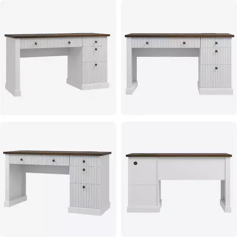 Home Desk Storage with Recesses, 54 Inch Modern Executive Desk, Wooden Writing Desk with File Drawer for Study Room