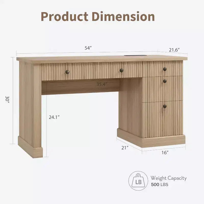 Home Desk Storage with Recesses, 54 Inch Modern Executive Desk, Wooden Writing Desk with File Drawer for Study Room
