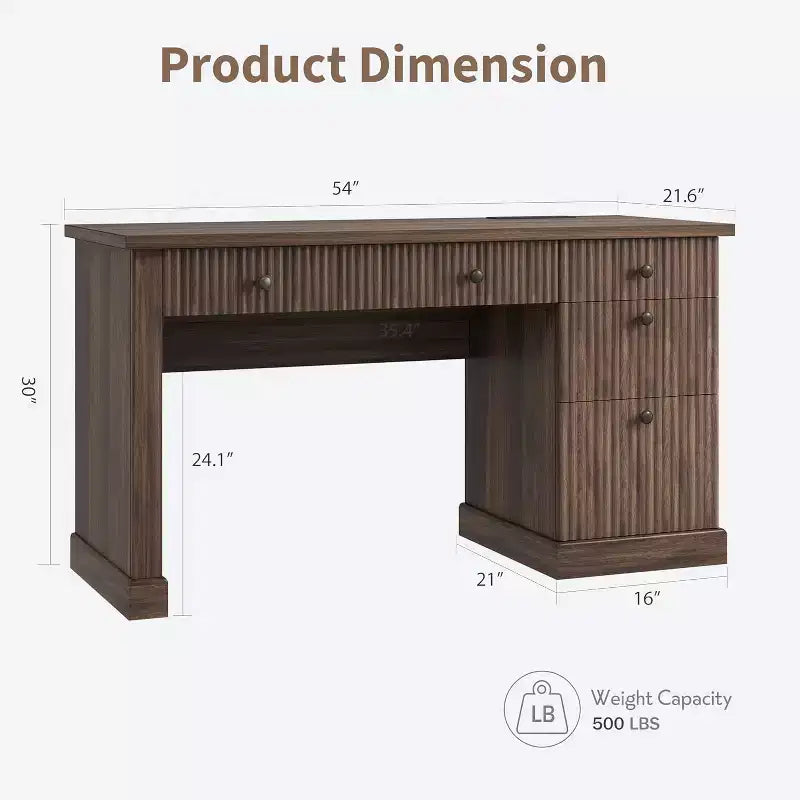Home Desk Storage with Recesses, 54 Inch Modern Executive Desk, Wooden Writing Desk with File Drawer for Study Room