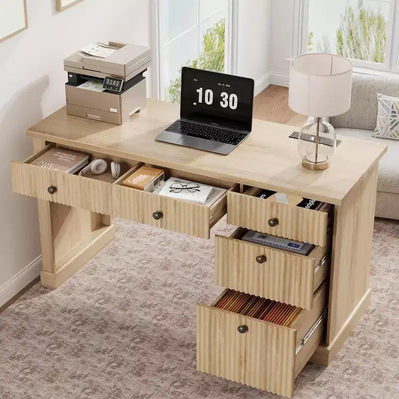 Home Desk Storage with Recesses, 54 Inch Modern Executive Desk, Wooden Writing Desk with File Drawer for Study Room