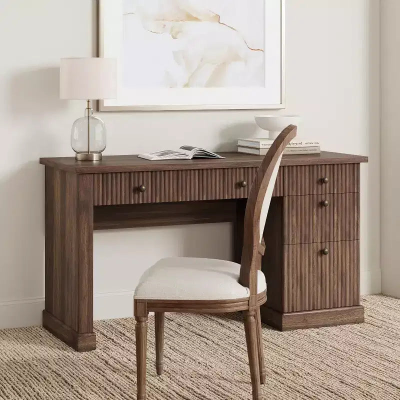 Home Desk Storage with Recesses, 54 Inch Modern Executive Desk, Wooden Writing Desk with File Drawer for Study Room