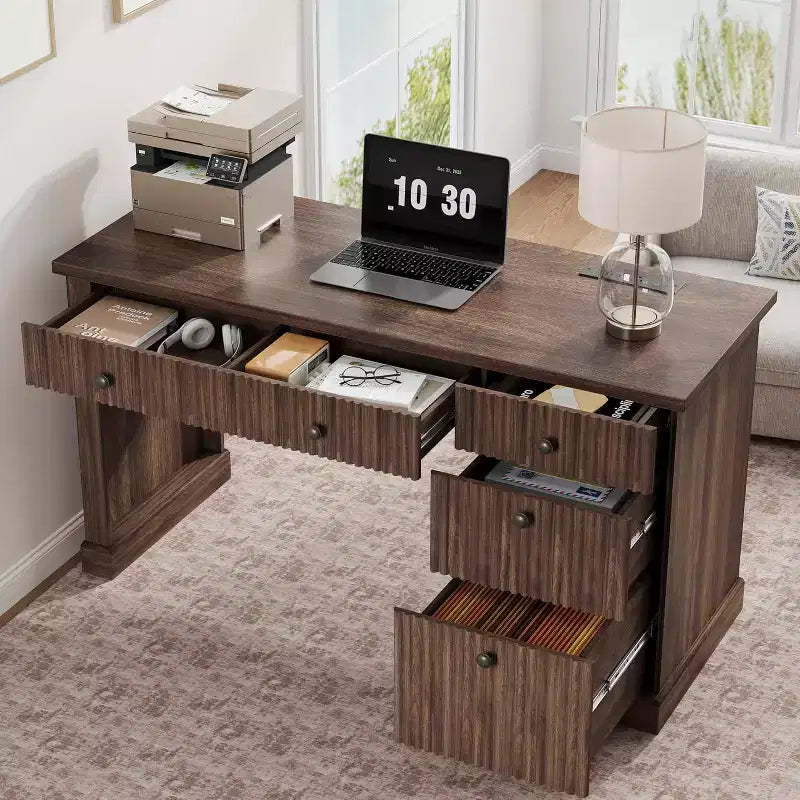 Home Desk Storage with Recesses, 54 Inch Modern Executive Desk, Wooden Writing Desk with File Drawer for Study Room