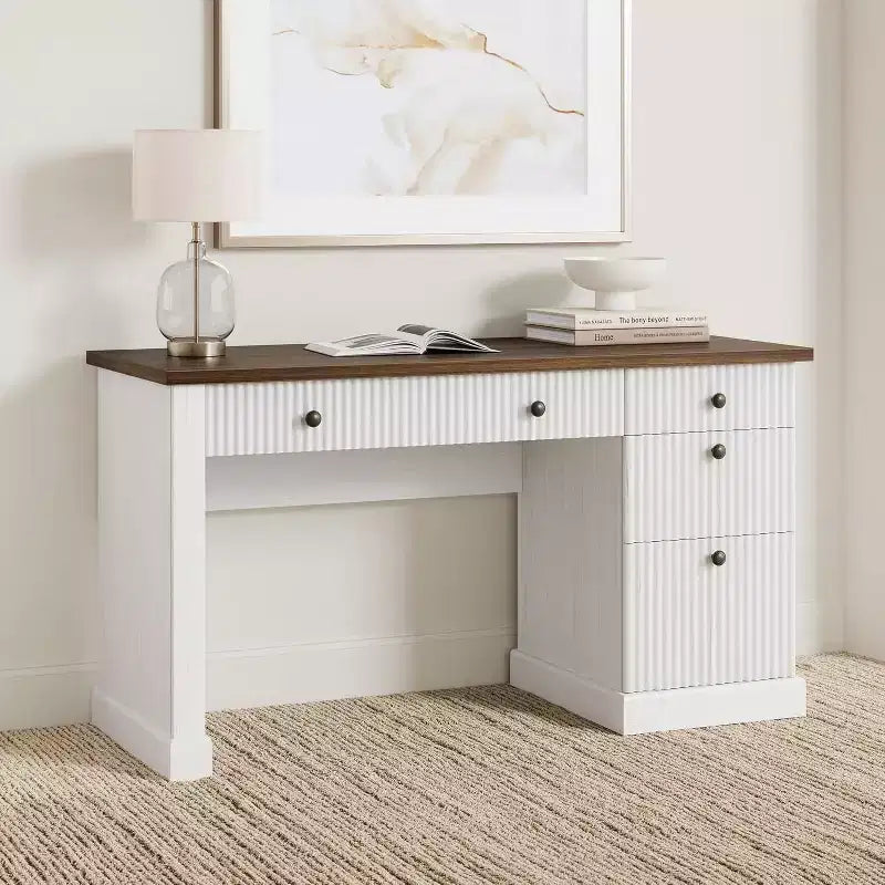 Home Desk Storage with Recesses, 54 Inch Modern Executive Desk, Wooden Writing Desk with File Drawer for Study Room