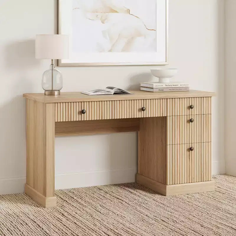 Home Desk Storage with Recesses, 54 Inch Modern Executive Desk, Wooden Writing Desk with File Drawer for Study Room