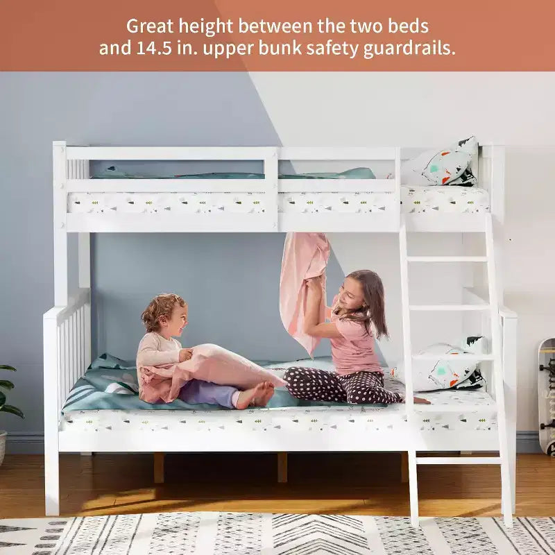 JOYMOR Twin Over Full Bunk Bed for Kids Children Teens Adults, Solid Wood Bunk Bed with Ladder and Guard Rail