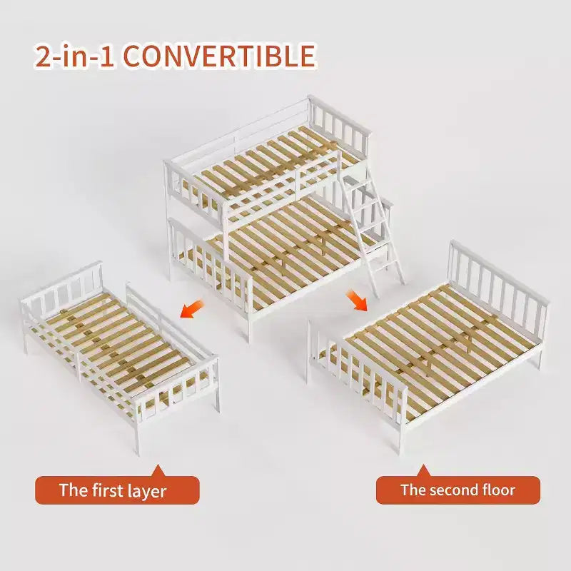 JOYMOR Twin Over Full Bunk Bed for Kids Children Teens Adults, Solid Wood Bunk Bed with Ladder and Guard Rail