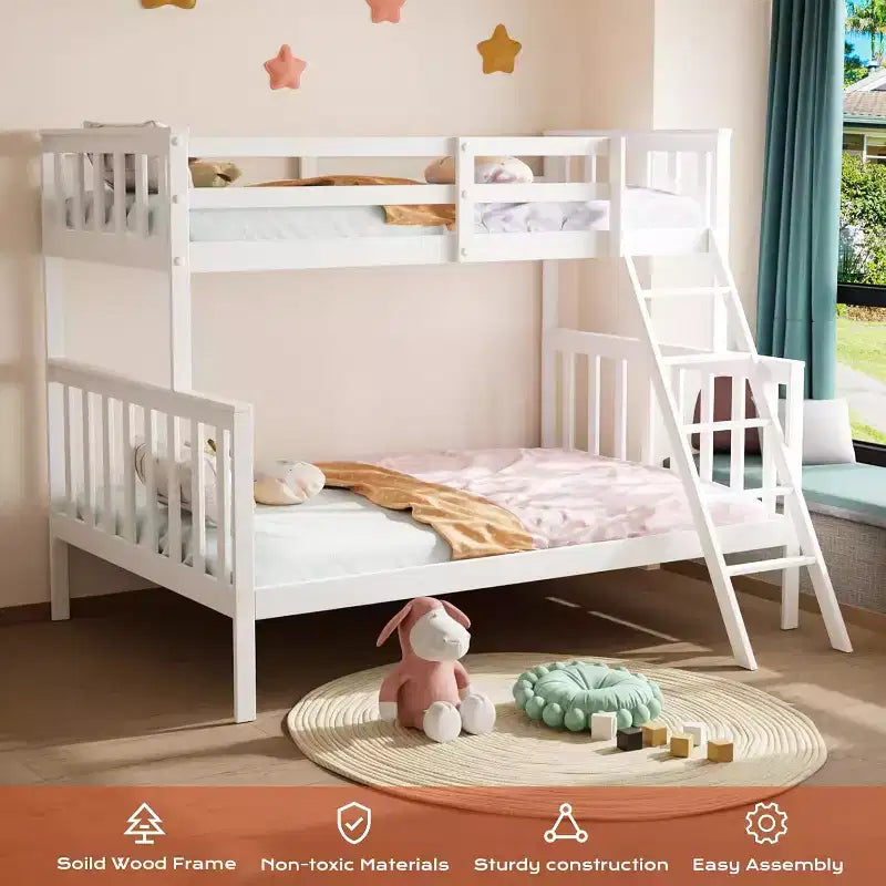 JOYMOR Twin Over Full Bunk Bed for Kids Children Teens Adults, Solid Wood Bunk Bed with Ladder and Guard Rail