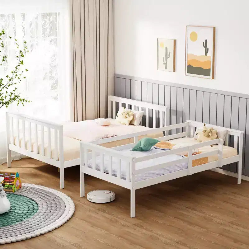 JOYMOR Twin Over Full Bunk Bed for Kids Children Teens Adults, Solid Wood Bunk Bed with Ladder and Guard Rail