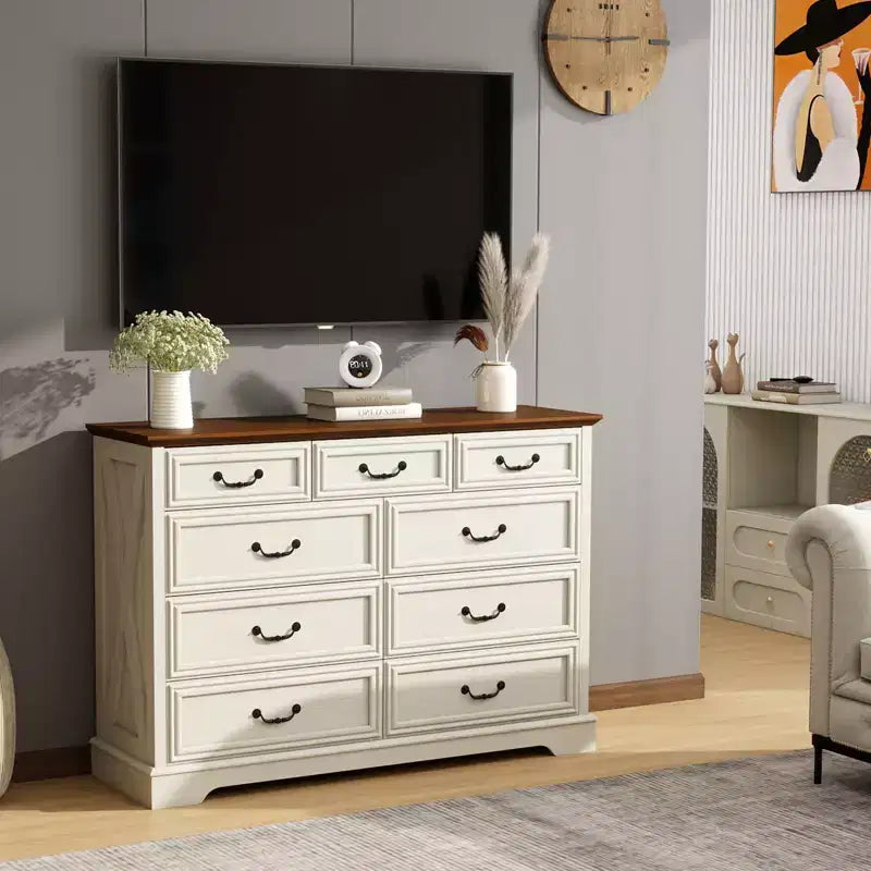 9 Drawer Farmhouse Dresser, Rustic Chest of Drawers with Ample Storage, Solid Wood Look & Metal Handles, Bedroom Clothes Organizer