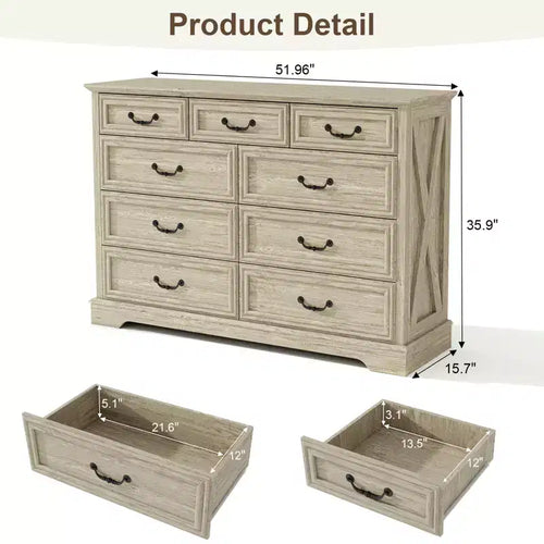 9 Drawer Farmhouse Dresser, Rustic Chest of Drawers with Ample Storage, Solid Wood Look & Metal Handles, Bedroom Clothes Organizer