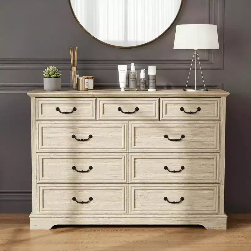 9 Drawer Farmhouse Dresser, Rustic Chest of Drawers with Ample Storage, Solid Wood Look & Metal Handles, Bedroom Clothes Organizer