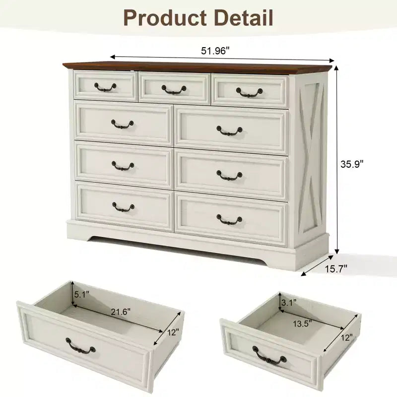 9 Drawer Farmhouse Dresser, Rustic Chest of Drawers with Ample Storage, Solid Wood Look & Metal Handles, Bedroom Clothes Organizer