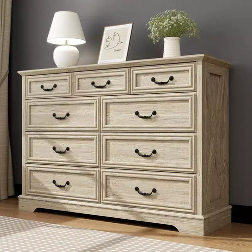 9 Drawer Farmhouse Dresser, Rustic Chest of Drawers with Ample Storage, Solid Wood Look & Metal Handles, Bedroom Clothes Organizer