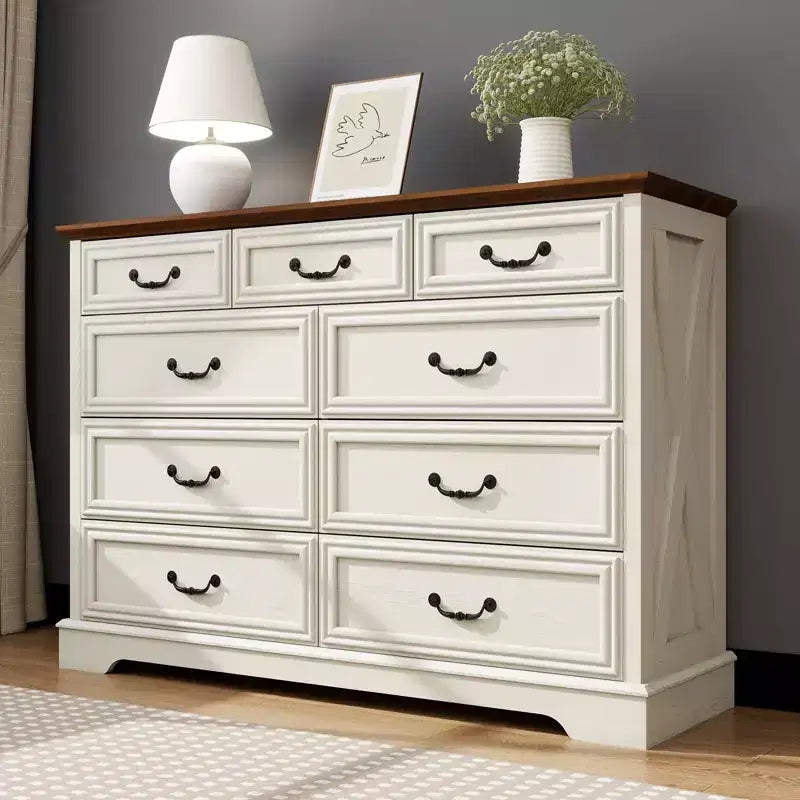 9 Drawer Farmhouse Dresser, Rustic Chest of Drawers with Ample Storage, Solid Wood Look & Metal Handles, Bedroom Clothes Organizer