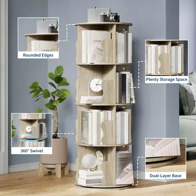 4-layer rotating bookshelf, 360 rotating bookcase, multi-layer storage rack, suitable for living room, study room and bedroom