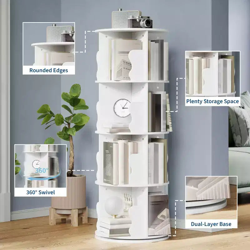 4-layer rotating bookshelf, 360 rotating bookcase, multi-layer storage rack, suitable for living room, study room and bedroom