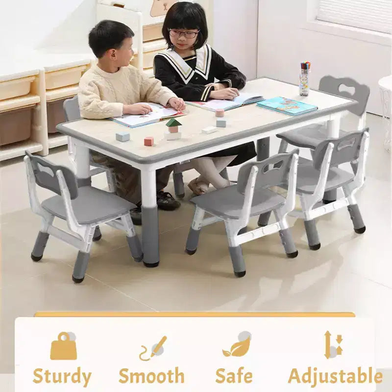 Kids Table Set, 47 Modern Height Adjustable Toddler Table & 6 Chairs Set w/Non-Slip Desk Legs & Organizer Graffiti Desktop for Preschool