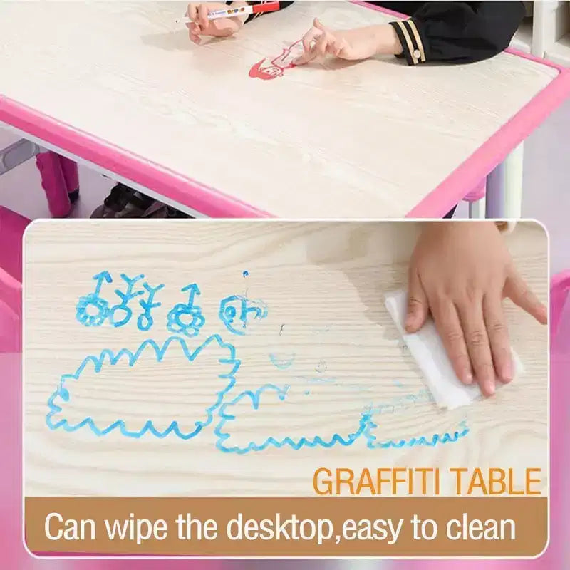 Kids Table Set, 47 Modern Height Adjustable Toddler Table & 6 Chairs Set w/Non-Slip Desk Legs & Organizer Graffiti Desktop for Preschool