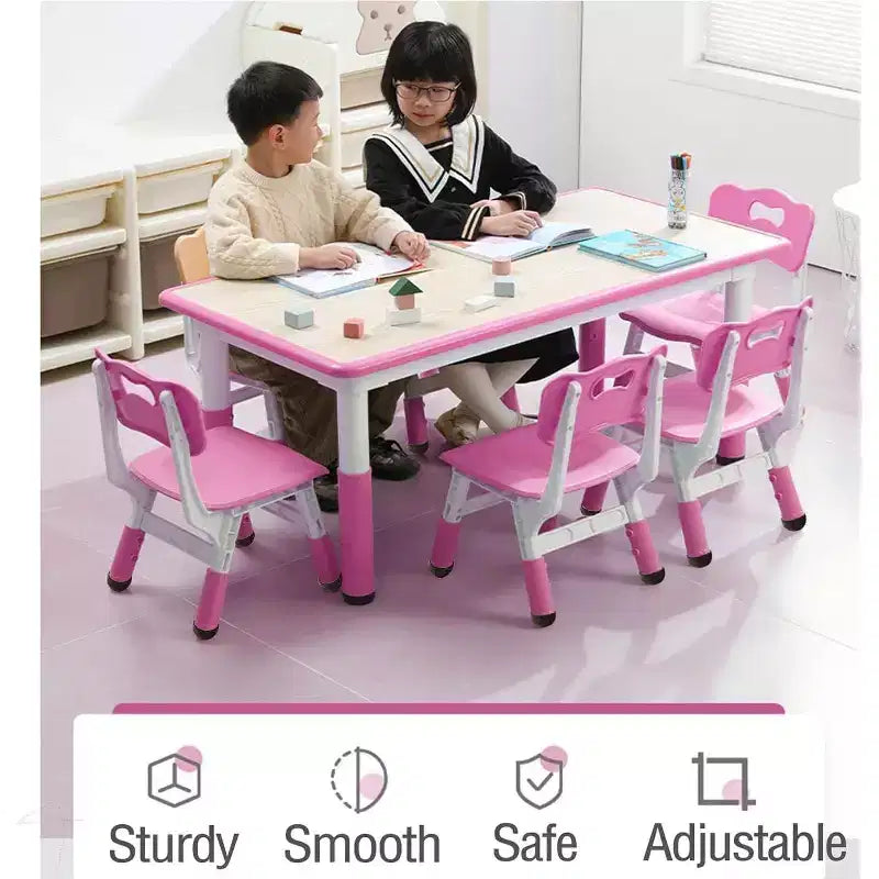 Kids Table Set, 47 Modern Height Adjustable Toddler Table & 6 Chairs Set w/Non-Slip Desk Legs & Organizer Graffiti Desktop for Preschool