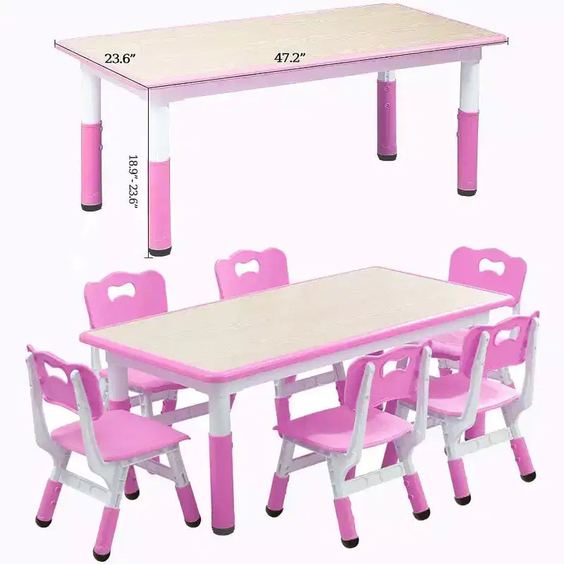 Kids Table Set, 47 Modern Height Adjustable Toddler Table & 6 Chairs Set w/Non-Slip Desk Legs & Organizer Graffiti Desktop for Preschool