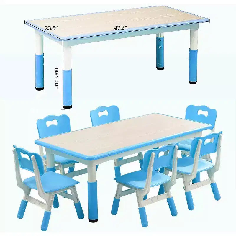 Kids Table Set, 47 Modern Height Adjustable Toddler Table & 6 Chairs Set w/Non-Slip Desk Legs & Organizer Graffiti Desktop for Preschool