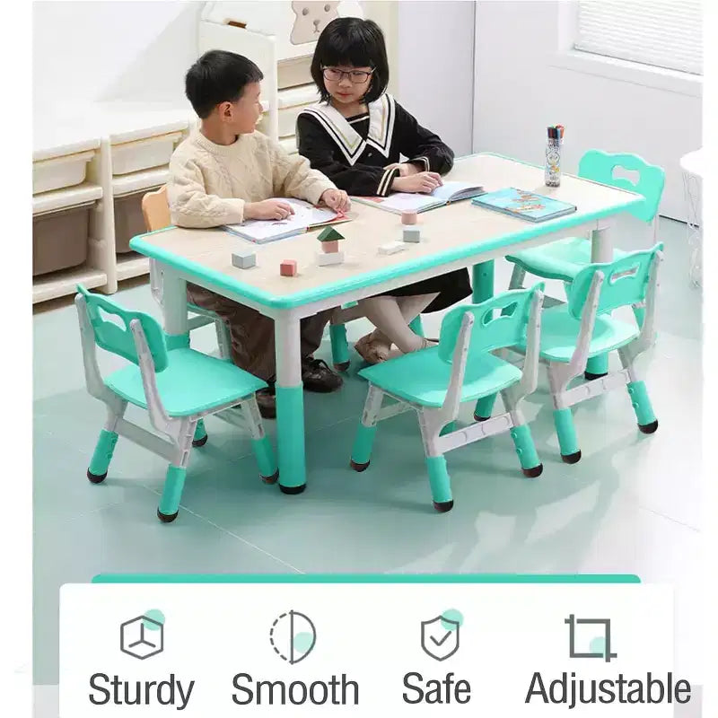 Kids Table Set, 47 Modern Height Adjustable Toddler Table & 6 Chairs Set w/Non-Slip Desk Legs & Organizer Graffiti Desktop for Preschool