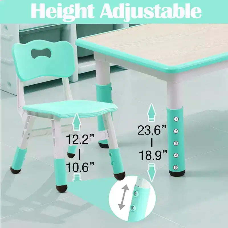 Kids Table Set, 47 Modern Height Adjustable Toddler Table & 6 Chairs Set w/Non-Slip Desk Legs & Organizer Graffiti Desktop for Preschool