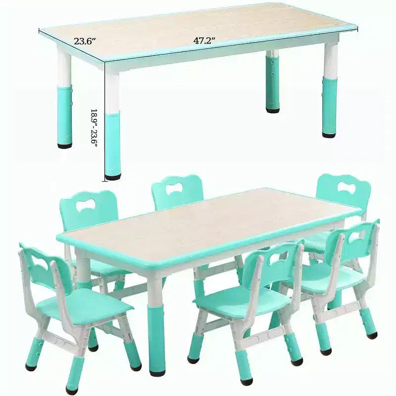 Kids Table Set, 47 Modern Height Adjustable Toddler Table & 6 Chairs Set w/Non-Slip Desk Legs & Organizer Graffiti Desktop for Preschool