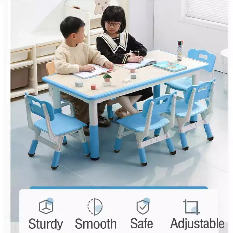 Kids Table Set, 47 Modern Height Adjustable Toddler Table & 6 Chairs Set w/Non-Slip Desk Legs & Organizer Graffiti Desktop for Preschool