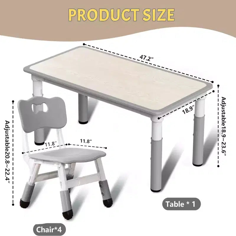 Kids Table Set, 47 Modern Height Adjustable Toddler Table & 6 Chairs Set w/Non-Slip Desk Legs & Organizer Graffiti Desktop for Preschool