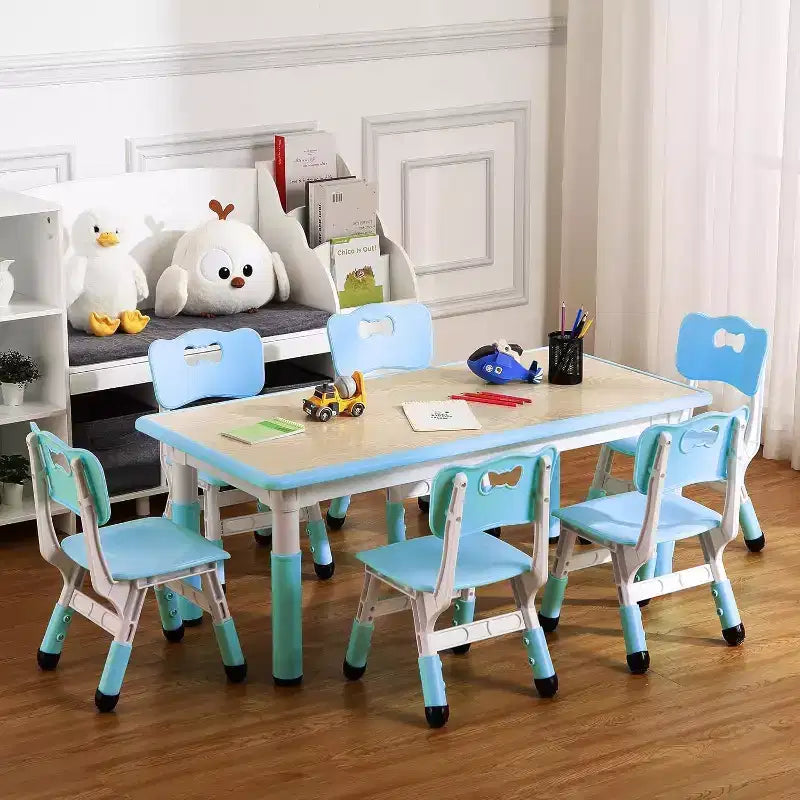 Kids Table Set, 47 Modern Height Adjustable Toddler Table & 6 Chairs Set w/Non-Slip Desk Legs & Organizer Graffiti Desktop for Preschool
