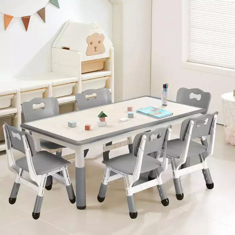 Kids Table Set, 47 Modern Height Adjustable Toddler Table & 6 Chairs Set w/Non-Slip Desk Legs & Organizer Graffiti Desktop for Preschool