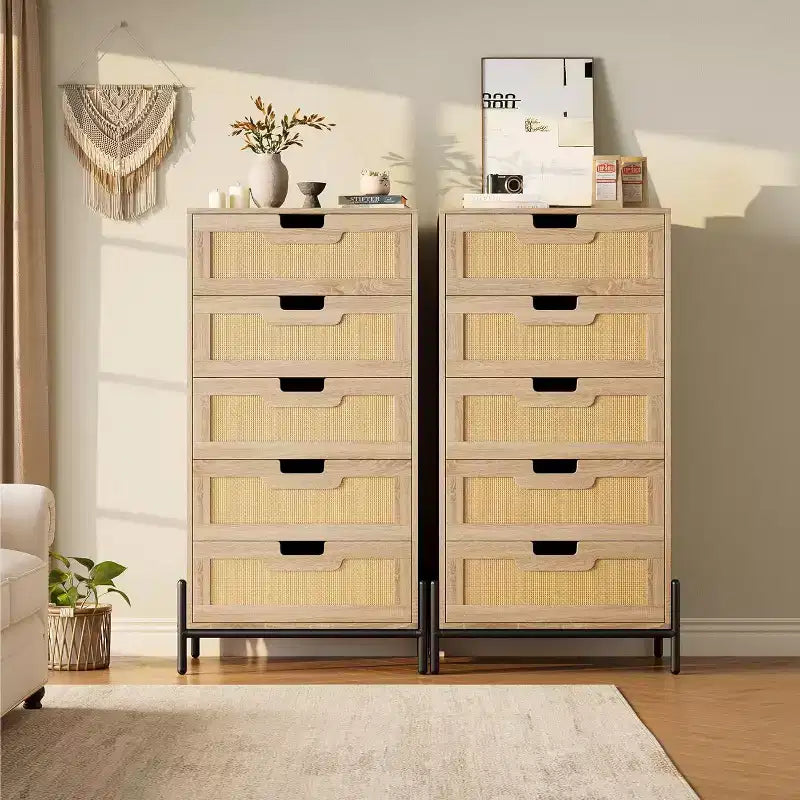 Acekool Rattan 5 Drawer Dresser, Farmhouse Chest with Metal Legs, Modern Storage Cabinet for Bedroom, Living Room, Entryway