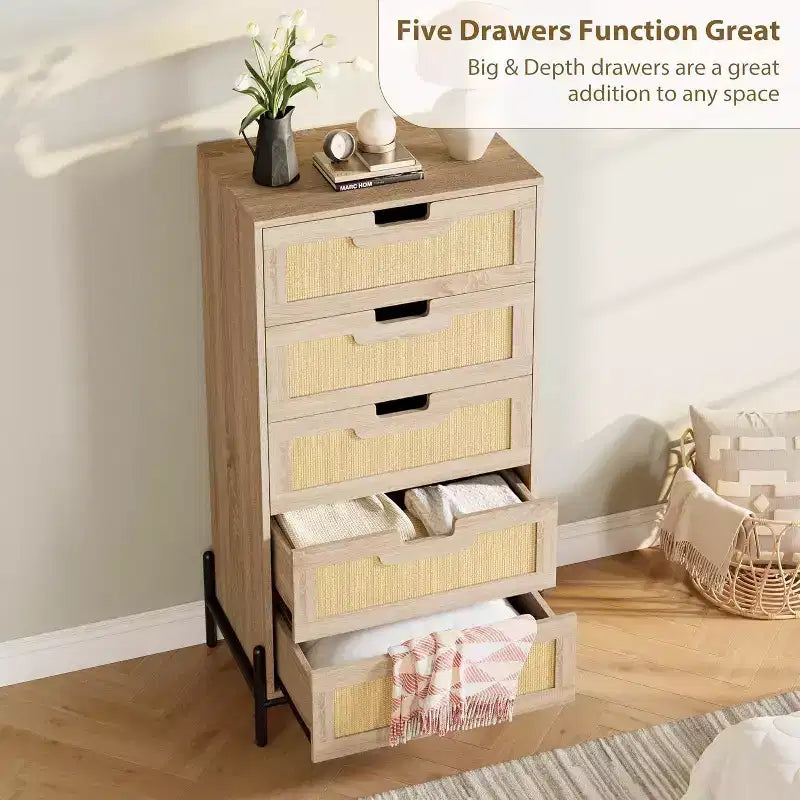 Acekool Rattan 5 Drawer Dresser, Farmhouse Chest with Metal Legs, Modern Storage Cabinet for Bedroom, Living Room, Entryway